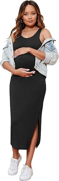 Romwe Women's Maternity Rib Knit Split Side Sleeveless Bodycon Tank Pencil Dress | Amazon (US)