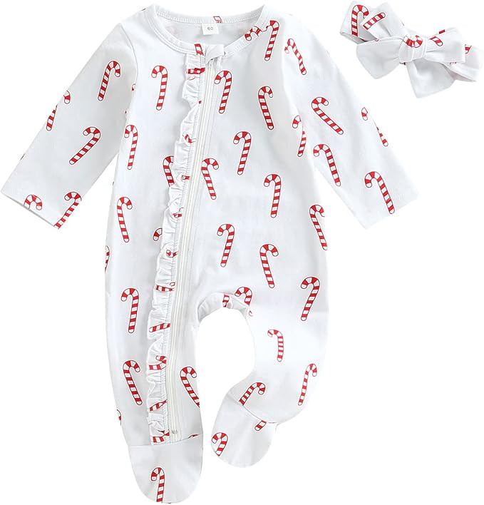 KOSUSANILL Newborn Baby Girl Christmas Outfit Clothes Infant Ruffle Zipper Long Sleeve Footed Rom... | Amazon (US)