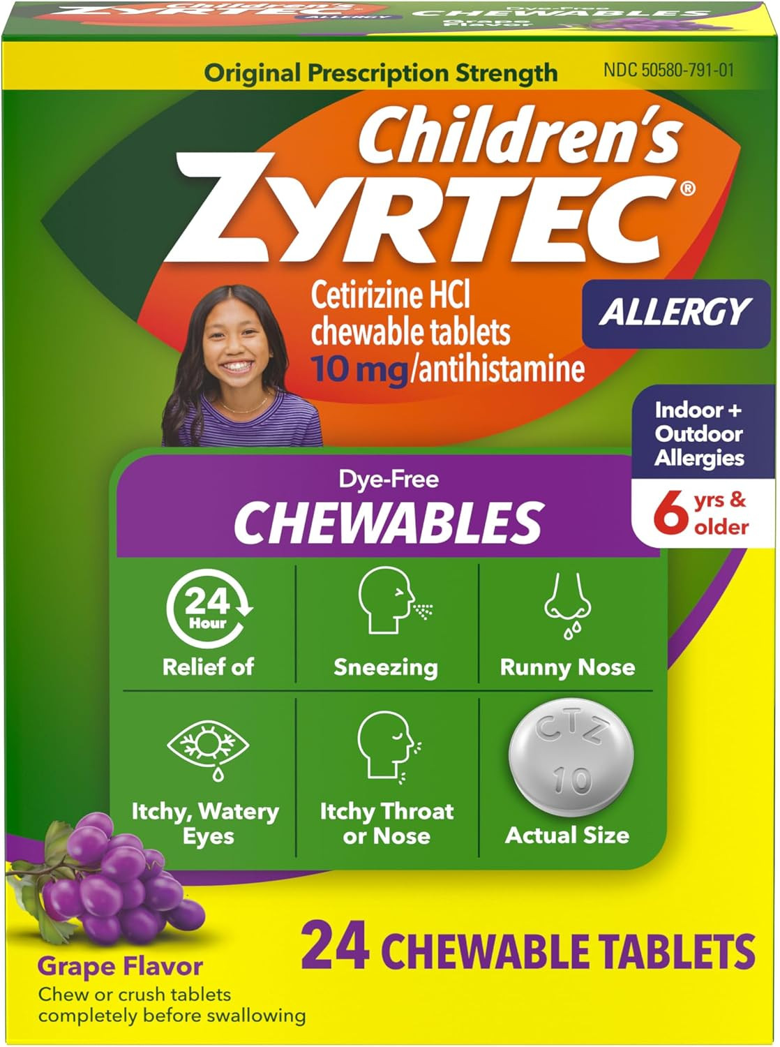 Zyrtec Children's Dye-Free Chewables for 24 Hour Allergy Relief, 10 mg Cetirizine Hydrochloride Antihistamine Tablets, Kids Allergy Medicine Relieves Sneezing & Itchy Throat, Grape, 24 ct | Amazon (US)