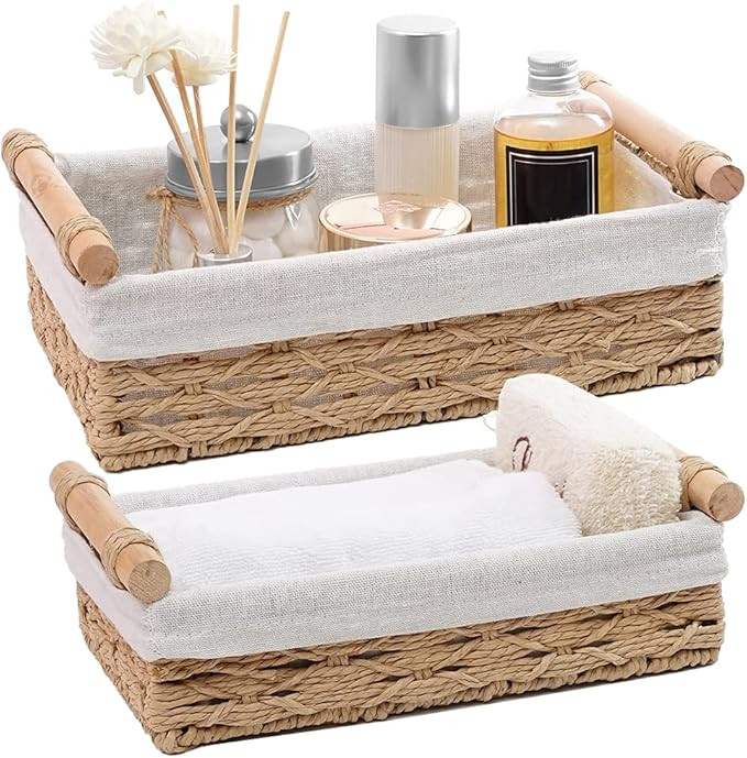 Round Paper Rope Storage Basket, Wicker Baskets for Organizing with Handle, Decorative Bins for C... | Amazon (US)