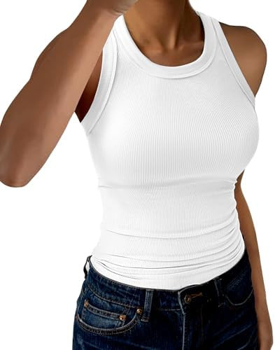Womens Tank Tops High Neck Sleeveless Ribbed Tank Casual Basic Thick Strap Slim Fitted Racerback ... | Amazon (US)