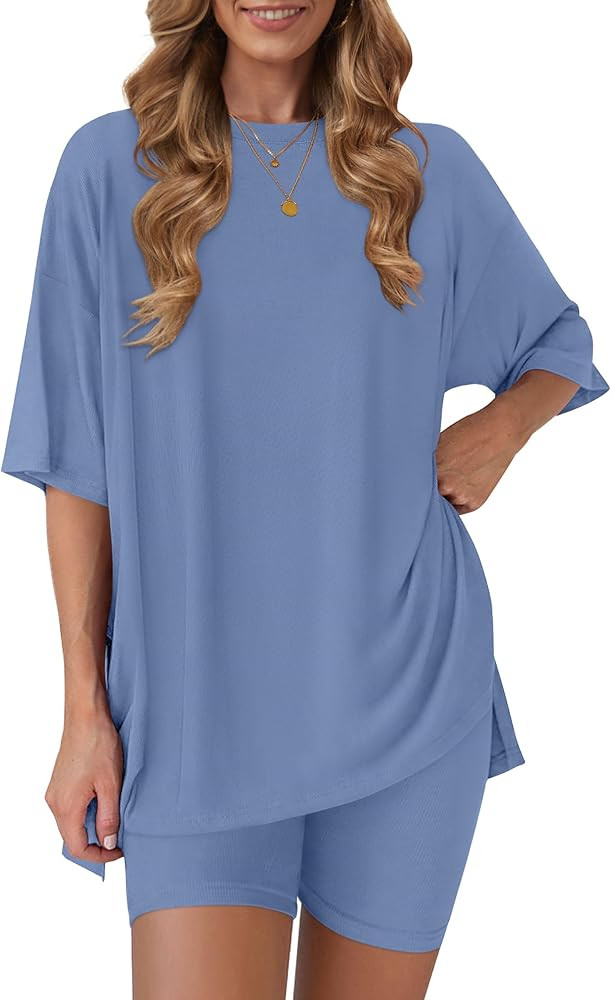 RUBZOOF Women's 2 Piece Lounge Sets 2026 Casual Summer Airport Travel Outfits Oversized Shirts Bi... | Amazon (US)
