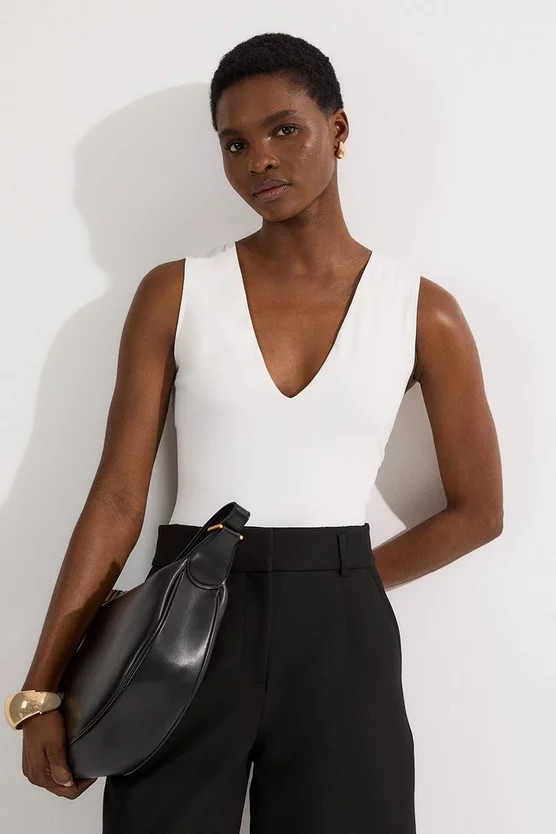 Stretch Cotton Plunge Neck Jersey Bodysuit | Karen Millen UK + IE + DE + NL