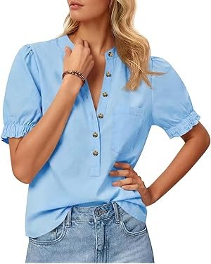 Cicy Bell Womens Puff Sleeve Tops Button Down Shirts Summer Casual Collared V Neck Cotton Blouse | Amazon (US)