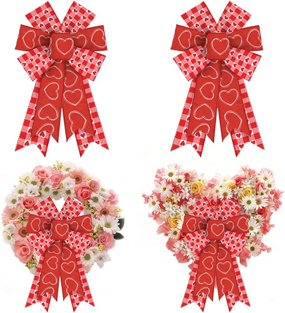 ABTOLS 2PCS Valentine's Day Bows for Wreath, Red Buffalo Plaid Wreath Bows Valentine Heart Bows f... | Amazon (US)