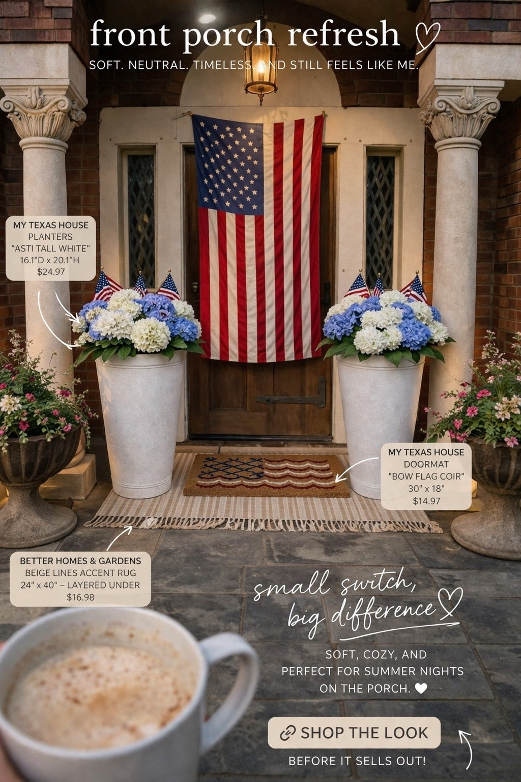 little front porch refresh 🤍

I literally used chat to help me swap out my rugs and THIS is what we landed on 🙈

layered this neutral one under my doormat and it made everything feel softer + more pulled together (and both were under $20)

I love that it still feels classic with the red/white/blue but not over the top 🇺🇸

everything is from Walmart — linking both rugs + my planters here 👇🏼

#ltkhome #ltkunder50 #walmartfinds #frontporchdecor #cozyhome #summerdecor #porchrefresh #neutralhome #budgetdeco