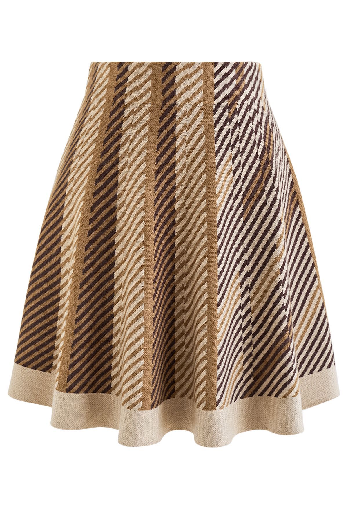 High Waist Stripe Flare Knit Skirt in Tan | Chicwish