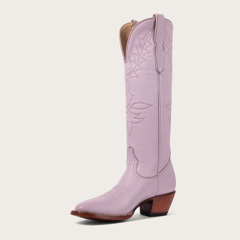 Light Purple Pointy Toe Block Heel Embroidered Mid-Calf Cowgirl Boots | FSJshoes