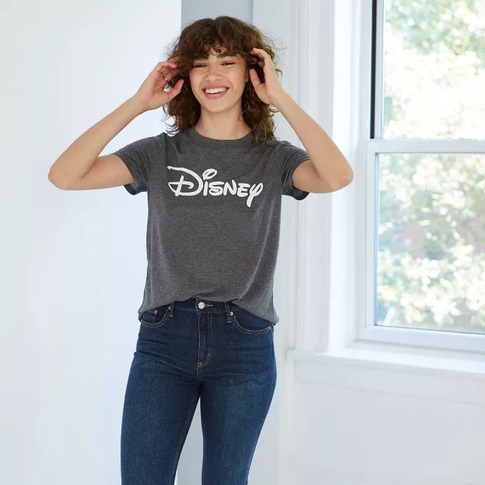 Women's Disney Logo Short Sleeve Graphic T-Shirt - Charcoal | Target