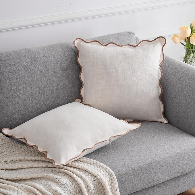 Scalloped Throw Pillow Covers 18x18 Inch Set of 2, Soft Cotton & Cozy Linen, Boho Sytle Decorativ... | Amazon (US)