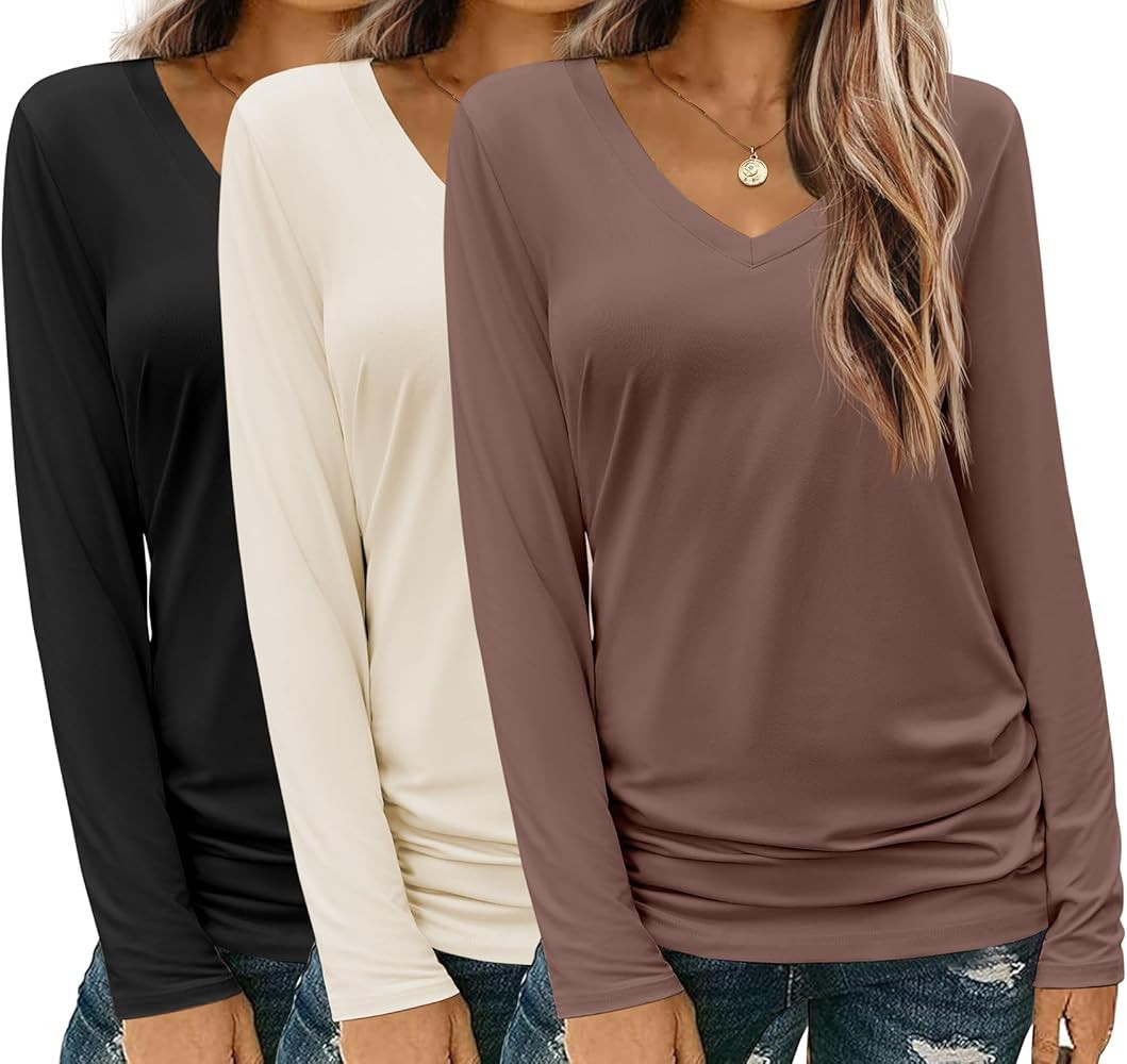 Zeagoo Womens T Shirts Long Sleeve V Neck Basic Tee Soft Casual Loose Fit Fall Tops Outfits 2025 | Amazon (US)
