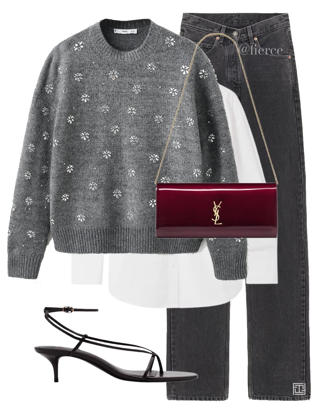 Embellished grey jumper grey jeans white shirt black strappy heeled sandals Ysl burgundy glossy bag Christmas party outfit 

#LTKuk #LTKpartywear #LTKeurope