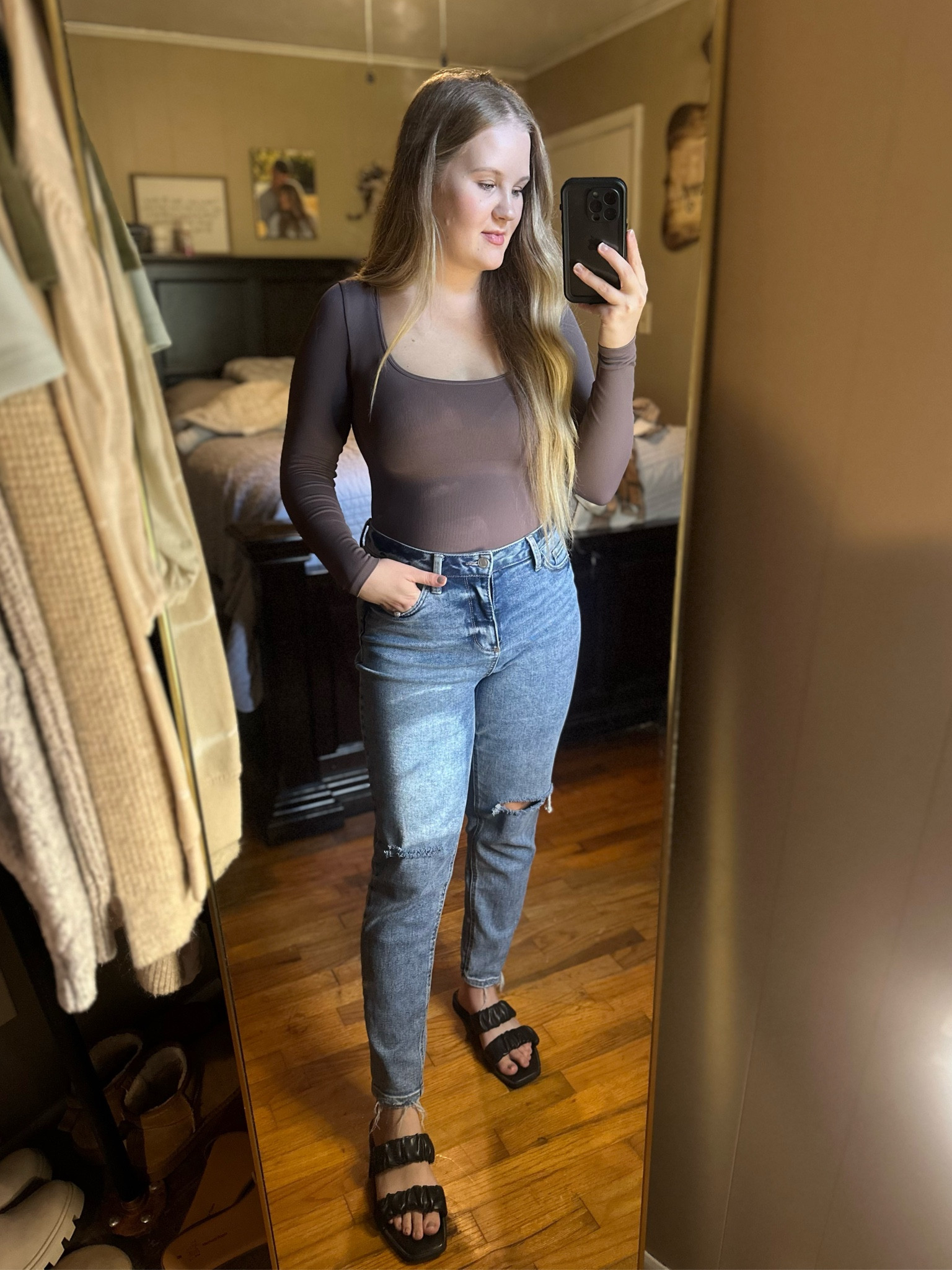This Chocolate Amazon bodysuit is the most flattering with ribbed detail size small, high rise mom jeans size 6, rushed black flat sandals size 8 two strapped sandals summer sandals braided sandals 

#LTKU #LTKFindsUnder50 #LTKStyleTip