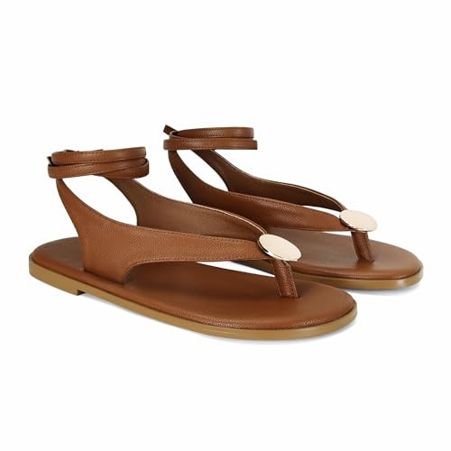 GTBINGGO Brown Flat Sandals for Women Strappy Sandals Comfortable Dressy Beach Flip Flop Slides Thong Sandals for Women | Amazon (US)