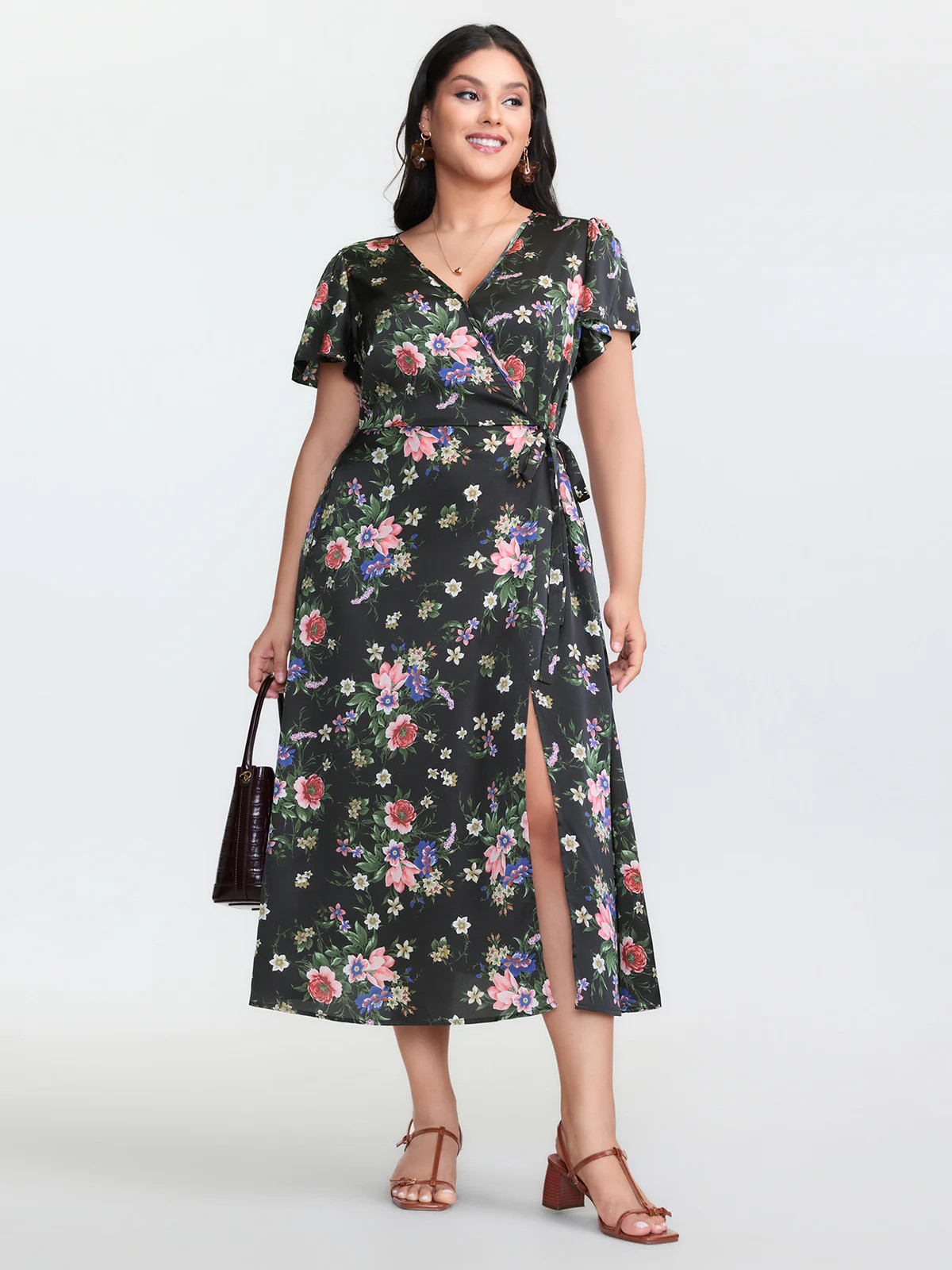 Floral Print Wrap Neckline Slit Maxi Dress | Bloomchic