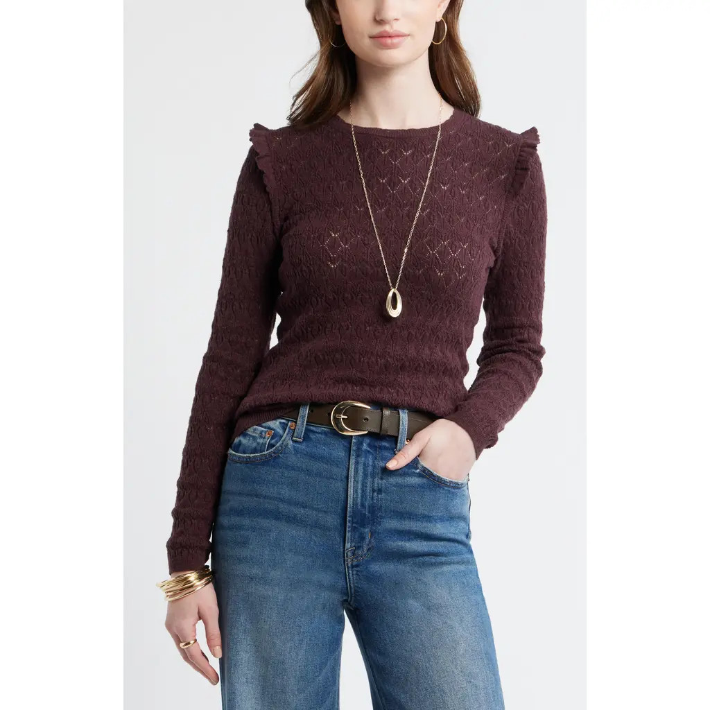 Ruffle Trim Pointelle Stitch Cotton Blend Sweater | Nordstrom