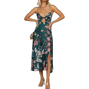 Women Spaghetti Strap Midi Satin Dresses Tie Front Backless Slit Cutout Dress Semi-Formal/Casual ... | Amazon (US)