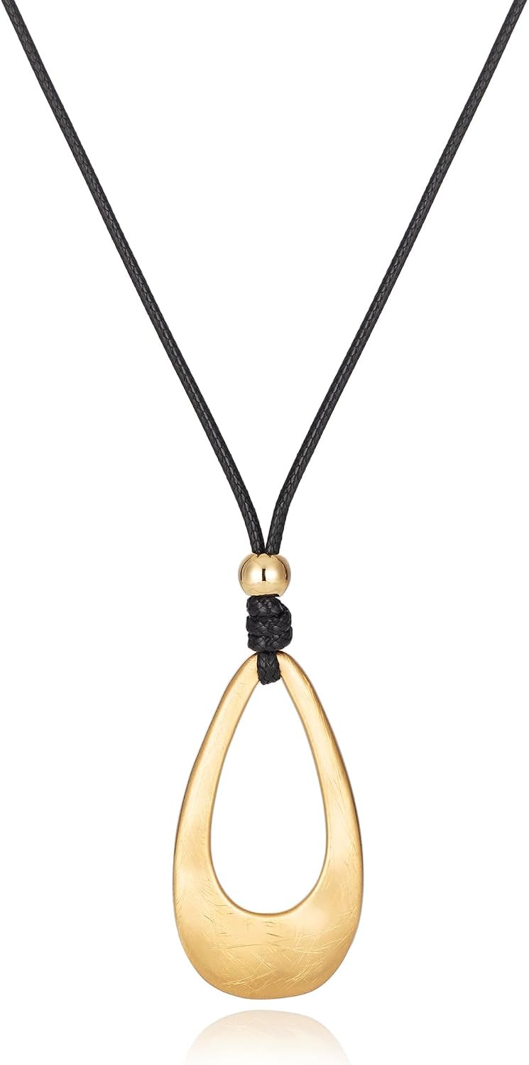 Brushed Gold Plated Classic Teardrop Pendant Long Necklace for Women, Adjustable Length Brown Wax Cord Sweater Chain Fashion Jewelry Gifts | Amazon (US)