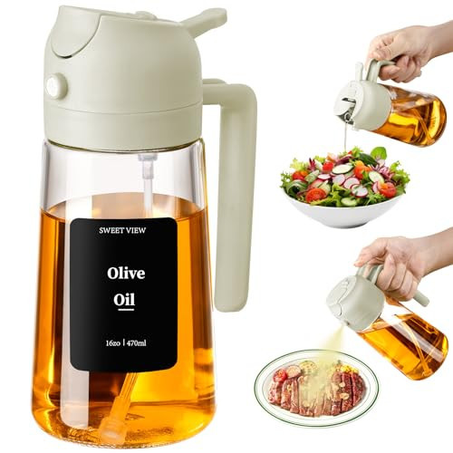 SWEET VIEW 16oz/470ml Oil Dispenser and Oil Sprayer, Glass Olive Oil Pourer for Kitchen, Air Fryer, Cooking, Salad, BBQ (White) | Amazon (US)