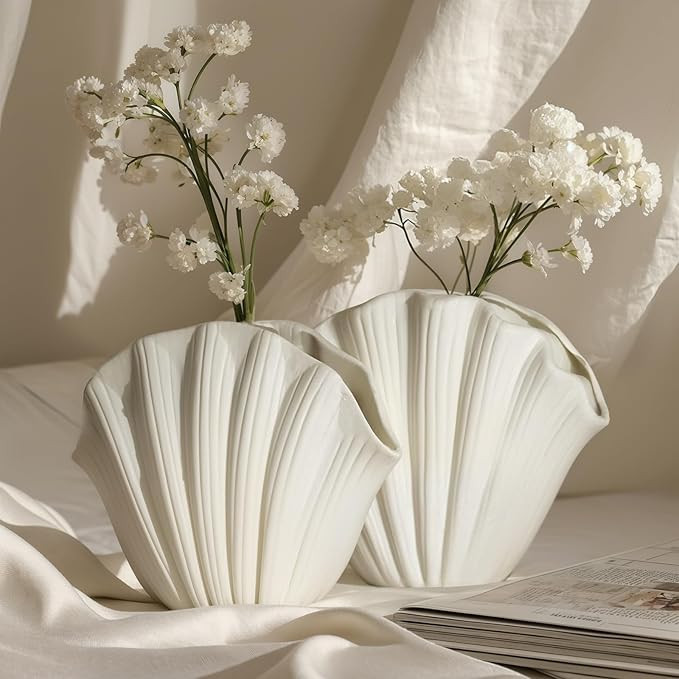 Shell Vase Set of 2 - White Seashell Vase Ceramic Shell Planter for Boho Table Decor, Entry Table... | Amazon (US)