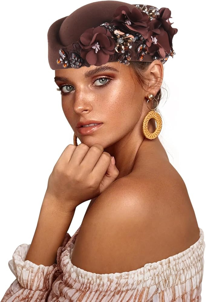 Beret Hats for Women British Felt hat Women's Church Derby Headdress Women's Floral hat Suitable ... | Amazon (US)