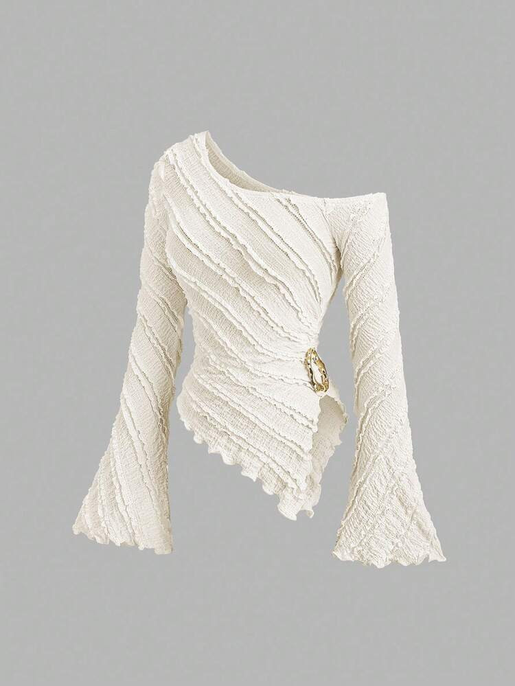 Sweetra Women's New Spring, Summer, Autumn Casual Commute Travel Blouse, Textured Fabric, Asymmetric Hem, Flared Sleeve, Side Metal Decor Design Fall Cloth For Women | SHEIN