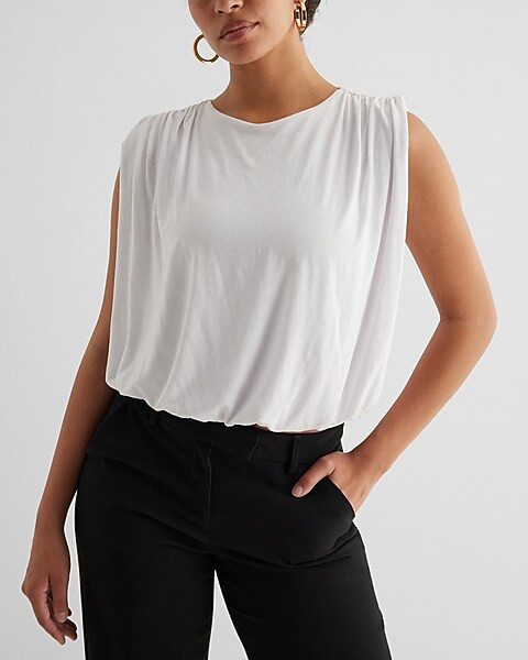 Skimming Linen-blend Ruched Shoulder Bubble Tank | Express