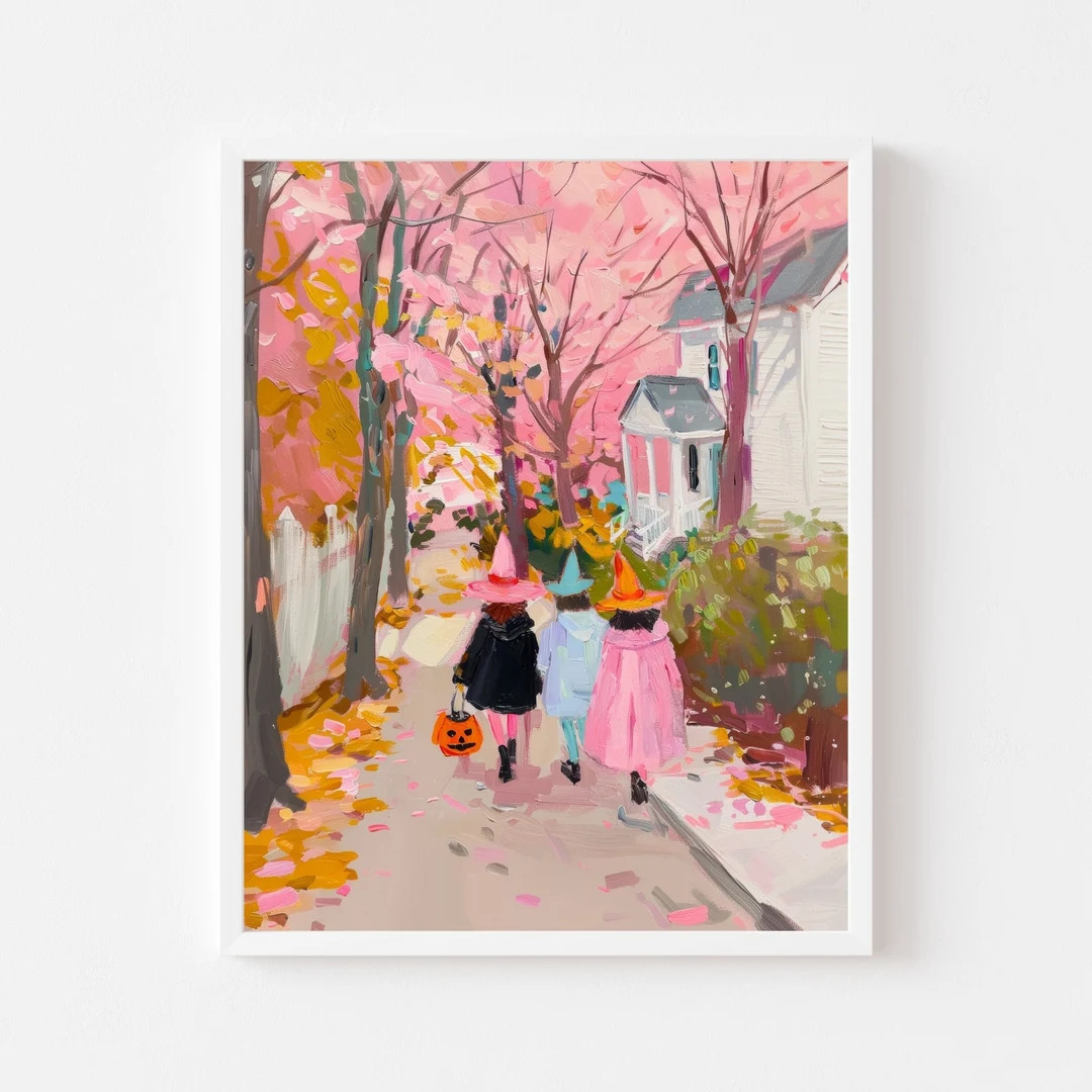 Three Girls Trick or Treating Painting | Pink Halloween Witches Wall Art Print | Girl's Room Autu... | Etsy (US)