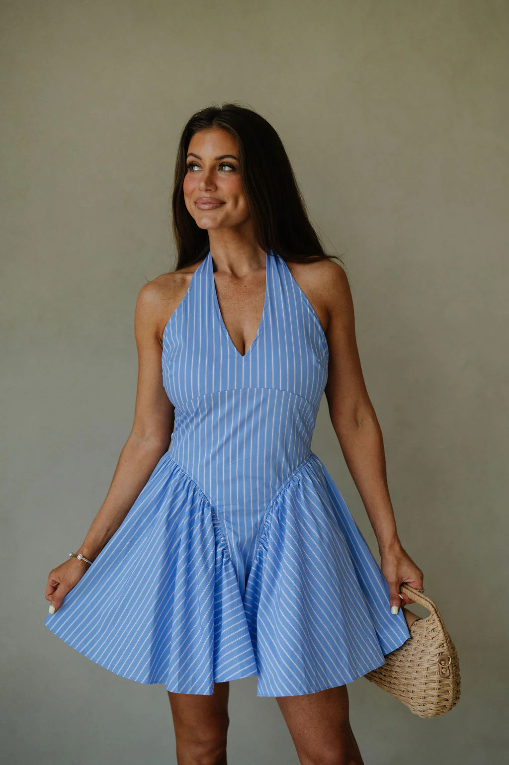 Striped Pleated Hem Mini Dress-Blue | These Three
