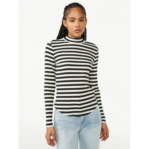 Free Assembly Women's Mock Neck Novelty Rib Tee with Long Sleeves | Walmart (US)