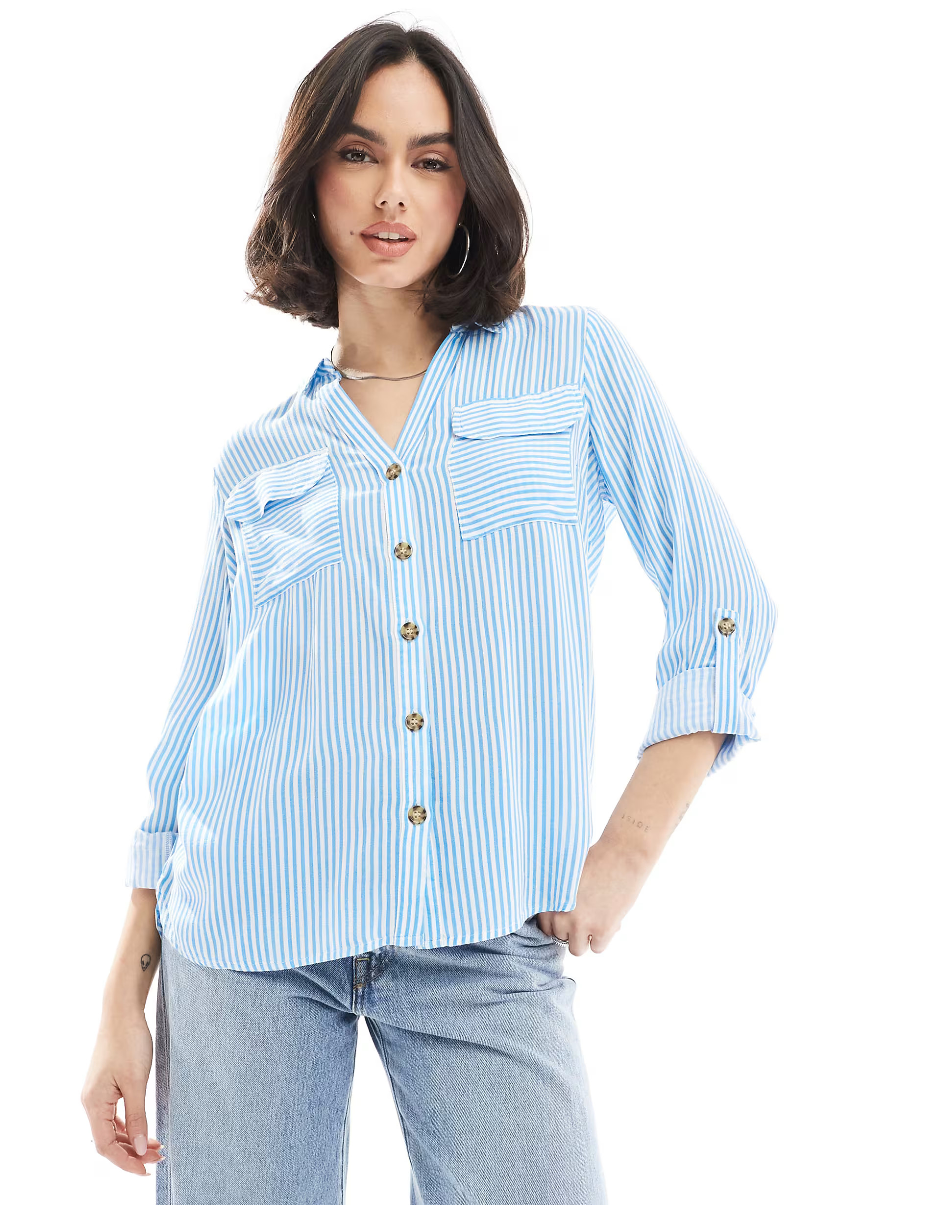 Vero Moda button down shirt with pocket detail in blue and white stripe | ASOS | ASOS (Global)
