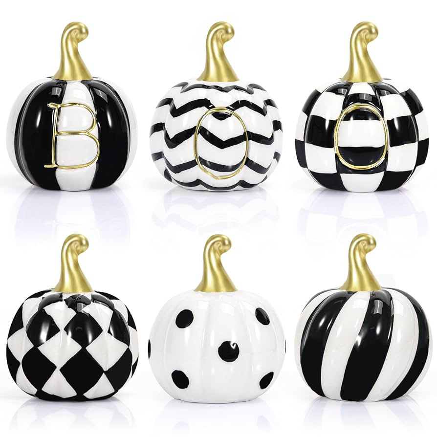 Set of 6 Buffalo Plaid Ceramic Pumpkin Decor - Black and White Pumpkins, Tiered Tray for Table Ce... | Amazon (US)