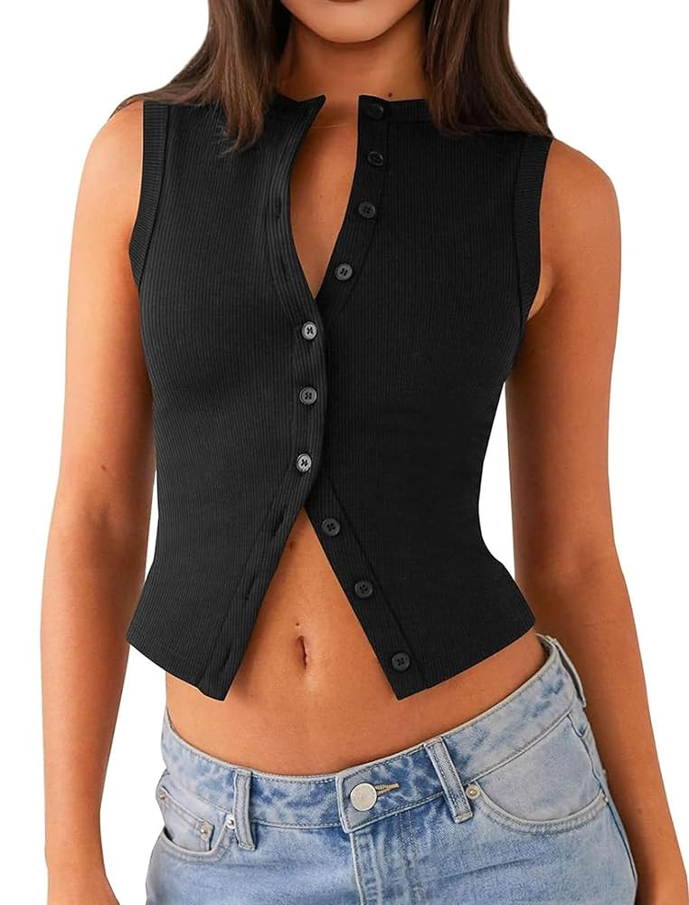 Womens Going Out Tops Summer Spring Ribbed Tank Sexy Crop Cute Y2K Button Down T Shirts Fashion C... | Amazon (US)