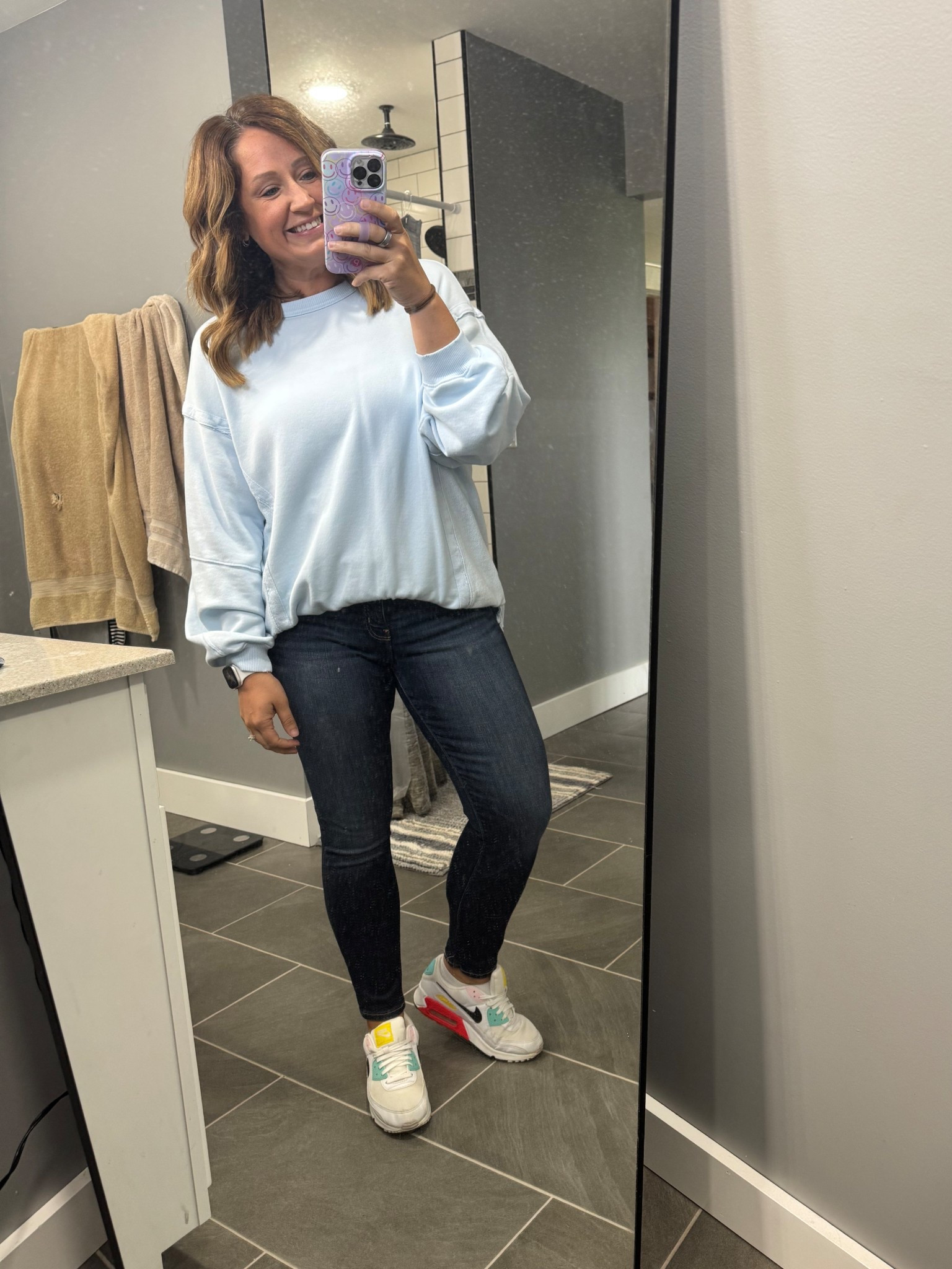In office OOTD - obsessed with this sweatshirt from Aerie, AND it’s only $25 right now! it’s comfy but more of a dressier top. And these tennis shoes I have in multiple colors. Clearly obsessed 🤩. 

Mom life, busy mom, work fit, OOTD, office wear, comfy cute, mom style, 

#LTKWorkwear #LTKActive #LTKMidsize