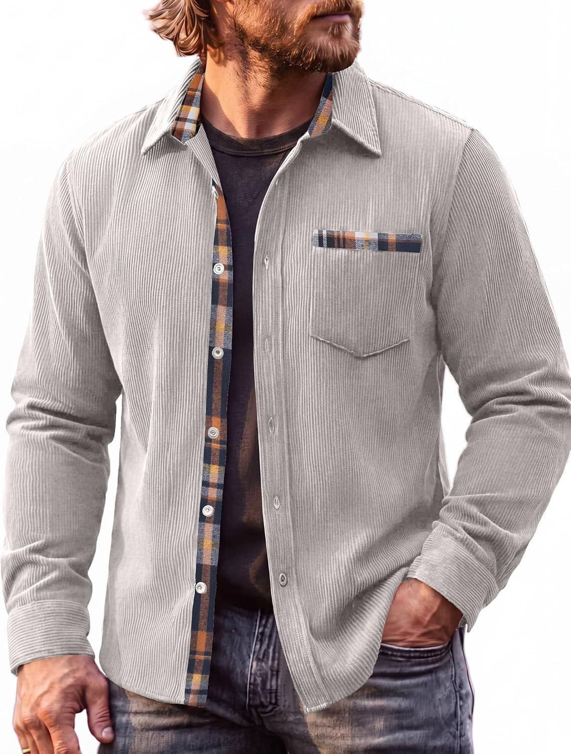 COOFANDY Mens Button Down Shirt Long Sleeve Casual Corduroy Untucked Shirt Jacket with Pocket | Amazon (US)