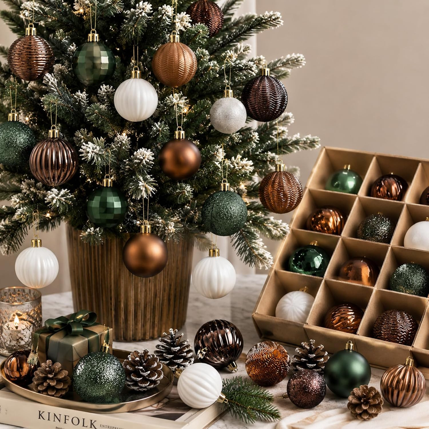 Lunmon 64 Pcs Neutral Christmas Ball Ornaments Brown Green White Xmas Bulbs | Amazon (US)