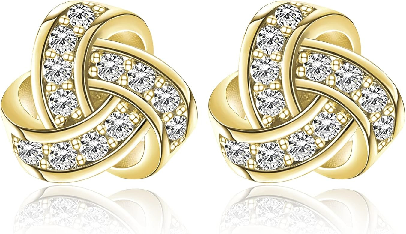 14K Gold Plated Stud Earrings 925 Sterling Silver Post CZ Hypoallergenic Earrings Love Knot Cubic Zi | Amazon (US)