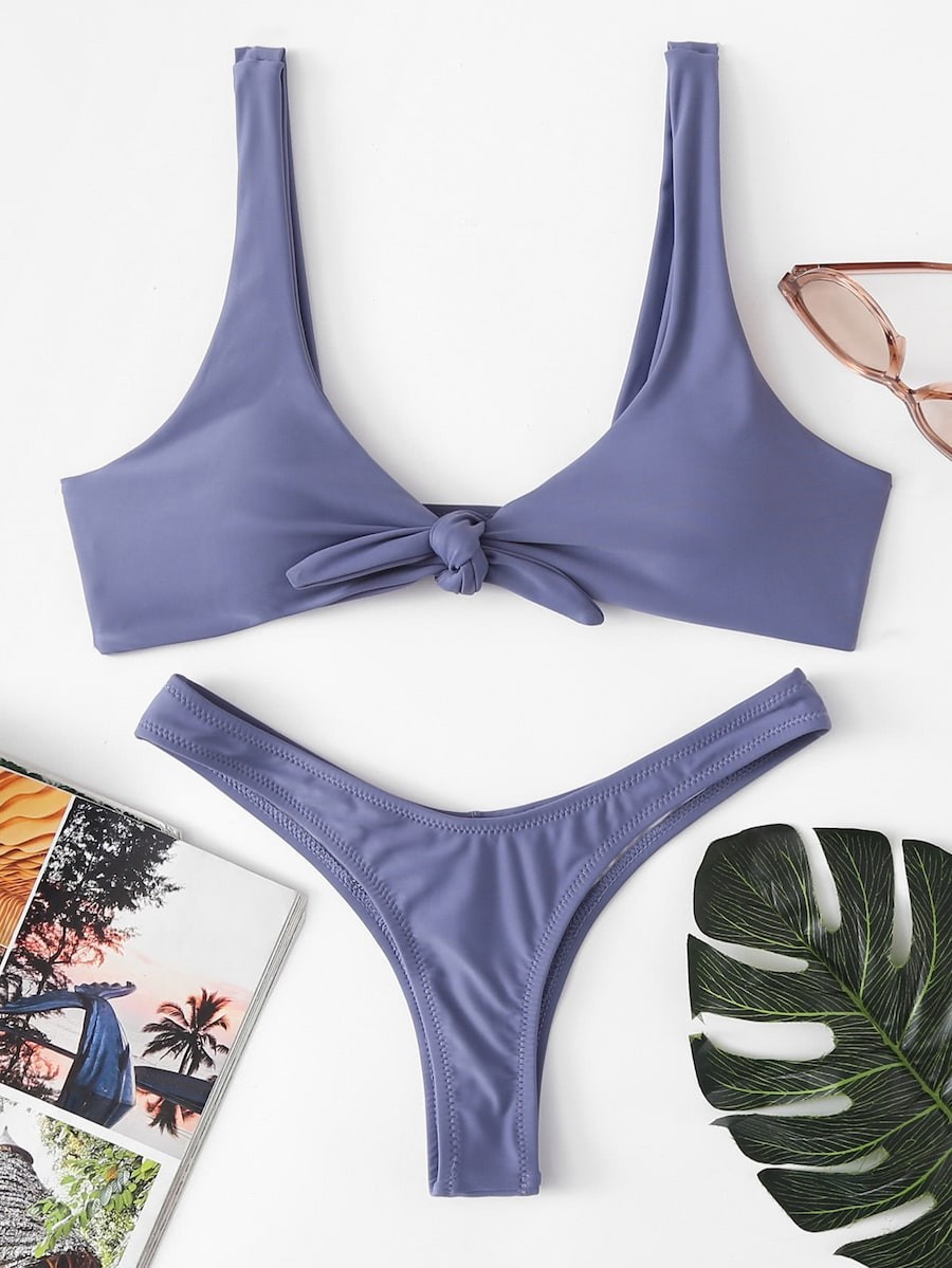 Knot Top With High Leg Bikini Set | SHEIN