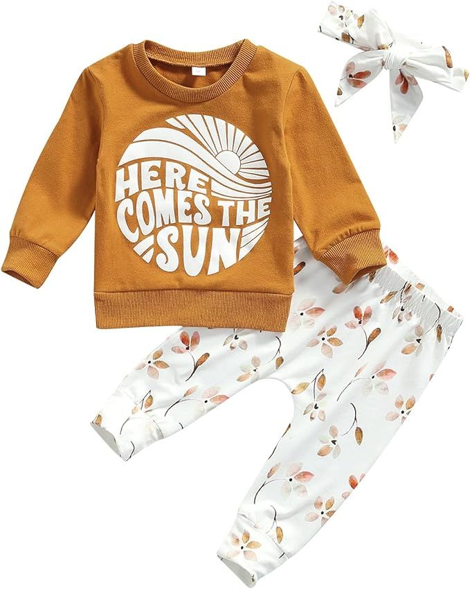 Baby Girl Clothes Set Fall 3 6 9 12 18 24 Months Long Sleeve Sweatshirt & Floral Print Pants & He... | Amazon (US)