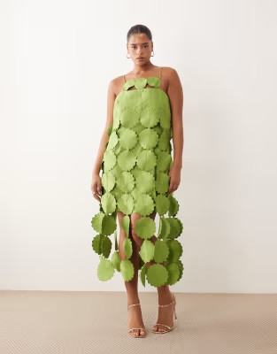 ARRANGE Curve cutwork floral midi dress with fringe hem in olive | ASOS | ASOS (Global)