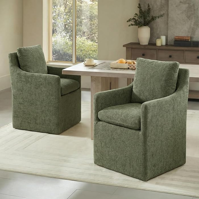 Upholstered Dining Chairs with Casters, No Assembly Modern Accent Armchair with Rollers for Dinin... | Amazon (US)