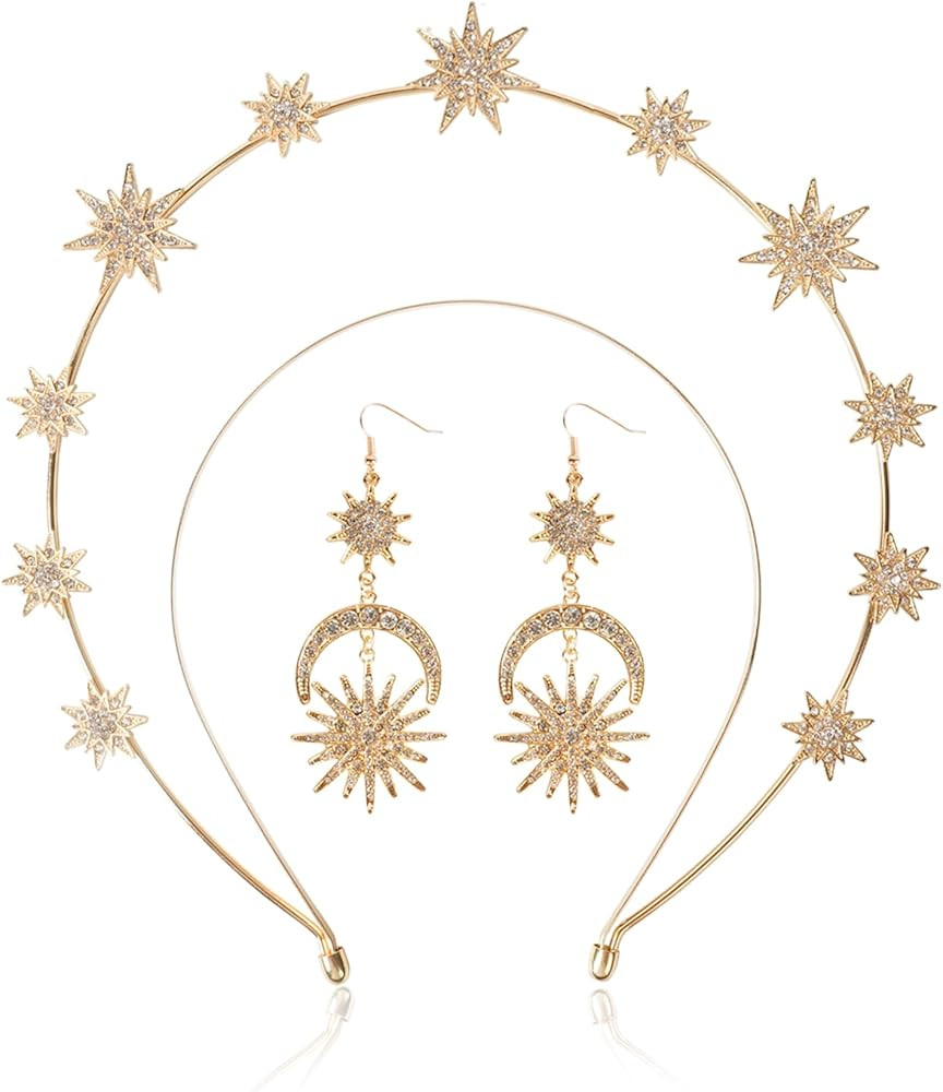 Halo Crown - Stars Crystal Goddess HeadBand with Earrings Mary Metal Halo Headpiece Celestial Cro... | Amazon (US)