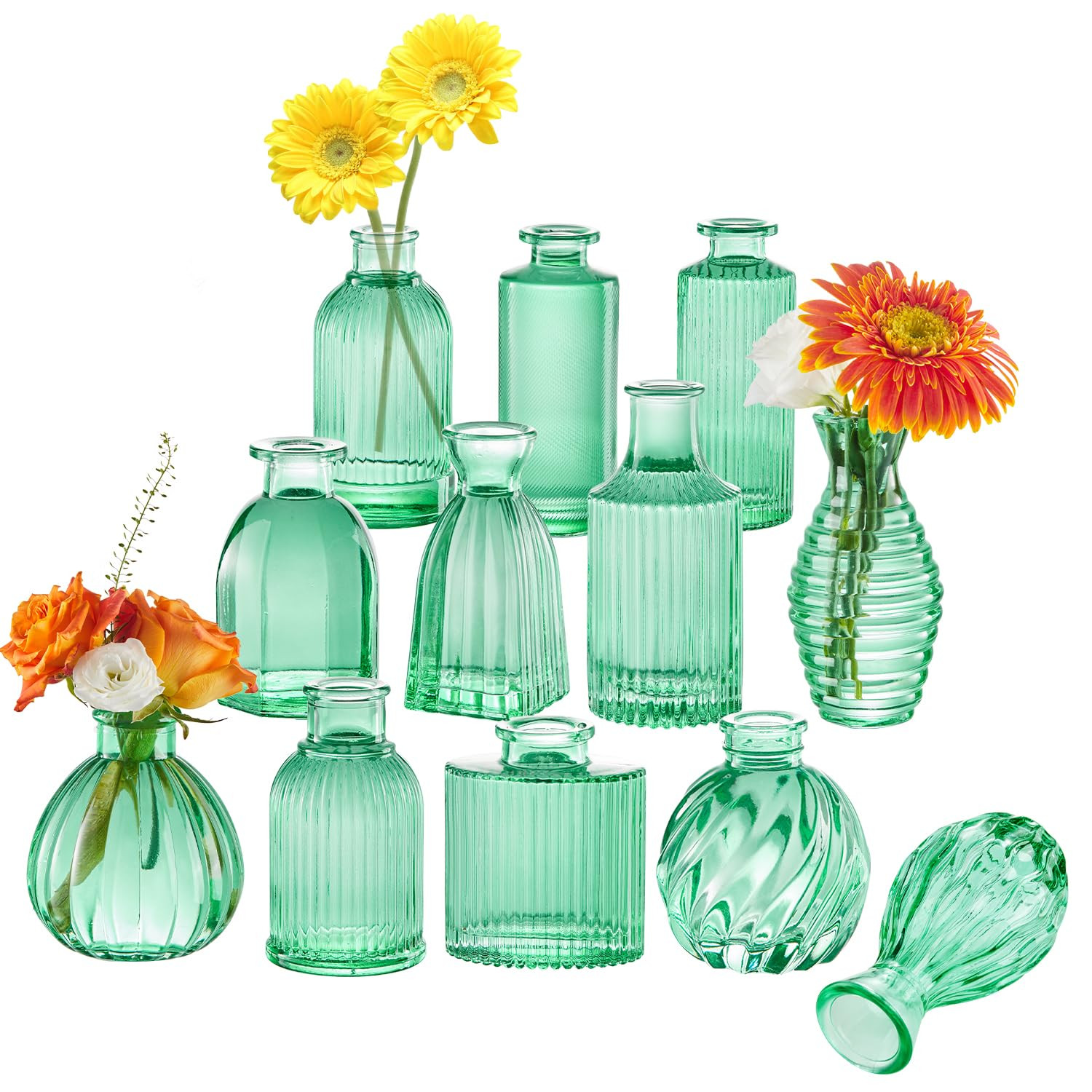Green Vase, Bud Vases Set of 12, Small Green Glass Vases for Flowers Modern Ribbed Glass Bud Vase for Decor Wedding Flower Vase in Bulk Vintage Decor Bridal Shower Centerpieces Home Table Decoration | Amazon (US)