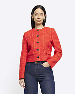 Red Boucle Crop Trophy Jacket | River Island (UK & IE)
