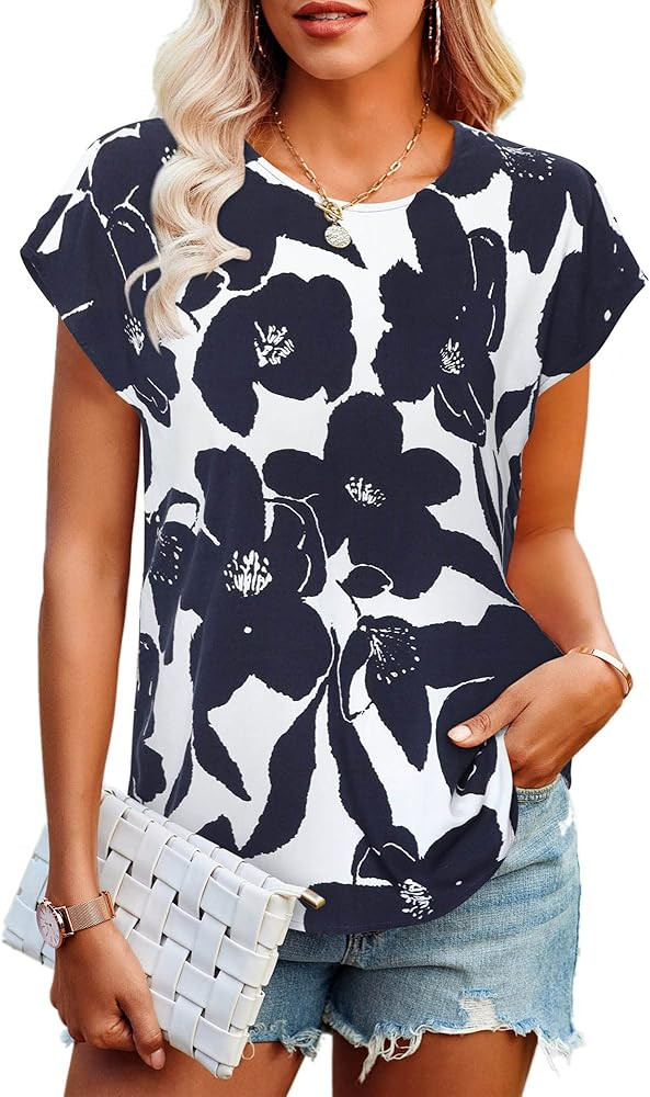 TORARY Women Short Sleeves Boatneck Floral Summer Casual Chiffon Blouse Top | Amazon (US)
