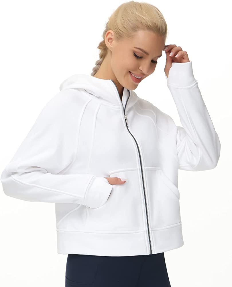 Women's Full-Zip Up Hoodies Jacket Fleece Workout Crop Tops Sweatshirts with Pockets Thumb Hole | Amazon (US)