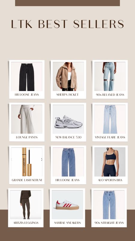 LTK Best Sellers from the past week 🫶🏼 abercrombie style, abercrombie jeans, loose jeans, black jeans, baggy black jeans, 90s relaxed jeans, 90s straight jeans, sherpa jacket, lounge pants, grey lounge pants, new balance 530 sneakers, vintage flare jeans, lash serum, grande lash serum, sambae sneakers, red Adidas sneakers, red sneakers 