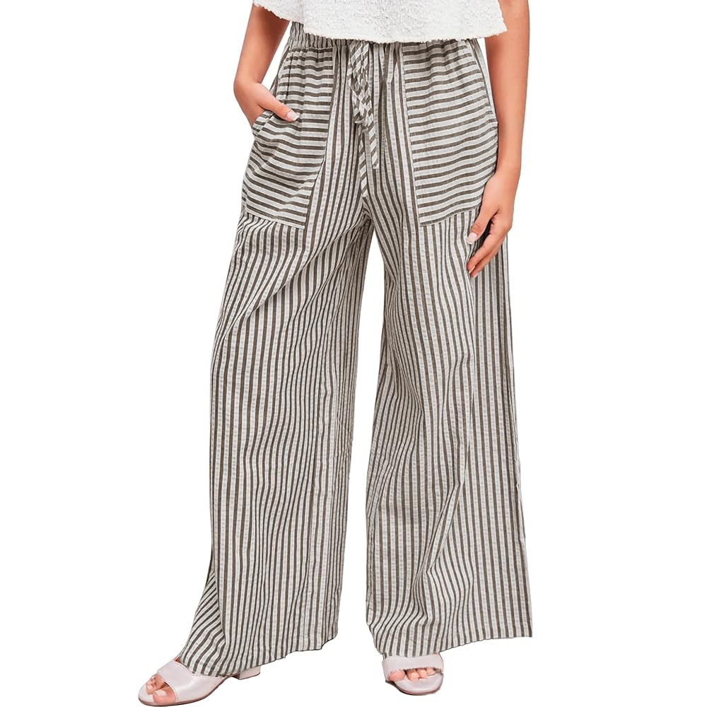 Striped Wide Leg Pants Women Drawstring Elastic Waistband Pant Lounge Palazzo Trousers Beach Vaca... | Amazon (US)