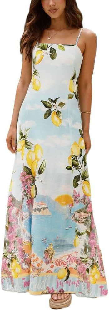 Women Floral Long Dress Tie Up Shoulder Tiered A-line Long Dress Sleeveless Smocked Square Neck M... | Amazon (US)