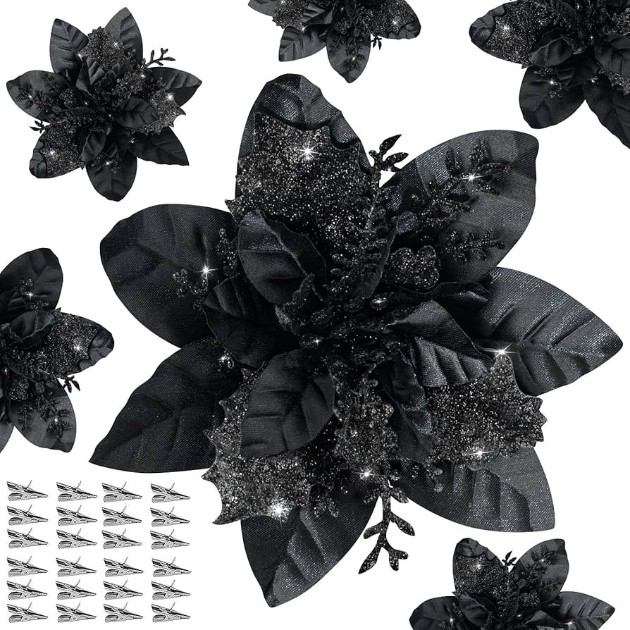 24 PCS 5.5" Artificial Poinsettia Flower with Clips Christmas Decor Glitter Poinsettia Christmas ... | Amazon (US)